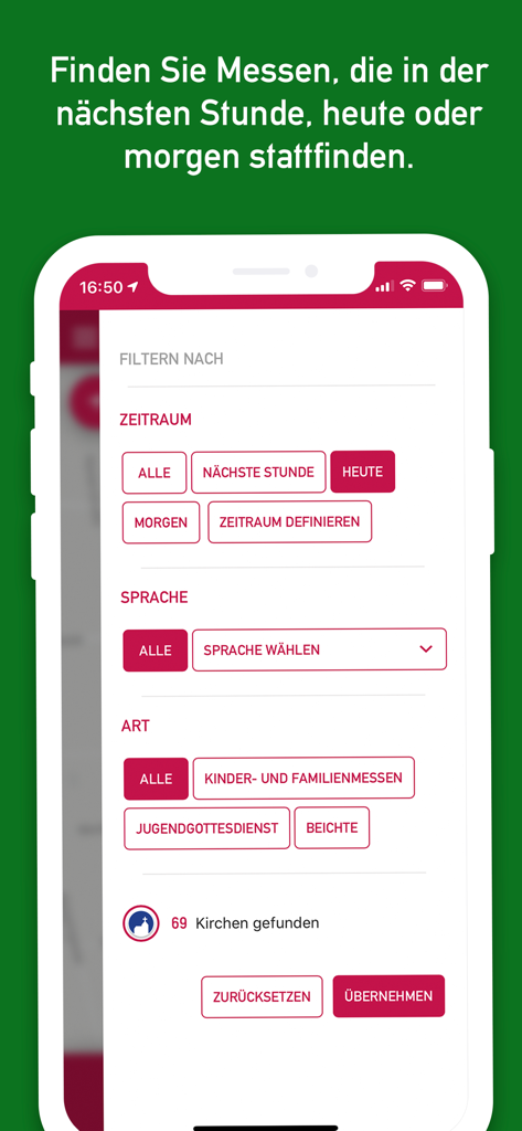 Search filters in the 1000 Kirchen app for finding Catholic Mass times in Vienna