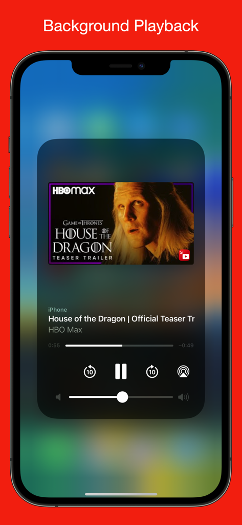 YubePiP: PiP Video Player - Tela do iPhone mostrando reprodução de áudio em segundo plano de um vídeo com controles de reprodutor de mídia.