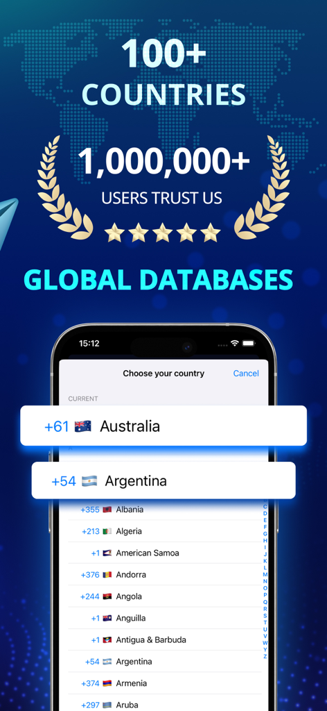 Call ID - Call Blocker - Bildschirm der globalen Datenbank von Call ID-App, der das Vertrauen von über einer Million Nutzern in hundert Ländern zeigt