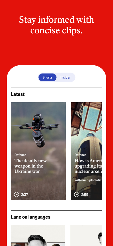 A mobile app interface from The Economist showing news video clips on global topics like the Ukraine war and nuclear defense.