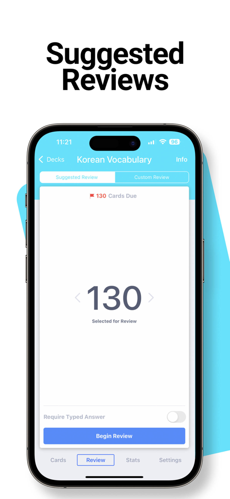 130개의 카드가 예정된 한국어 어휘에 대한 추천 복습 세션을 보여주는 SmartCards plus 앱의 모바일 인터페이스.