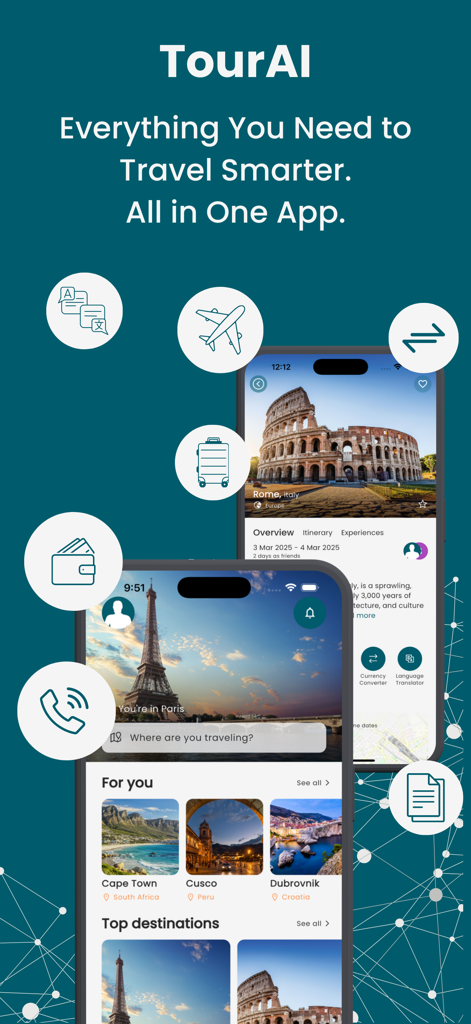 TourAI - AI Travel Planner - TourAI App-Oberfläche mit KI-Reiseplanungsfunktionen und Reiseziel-Empfehlungen