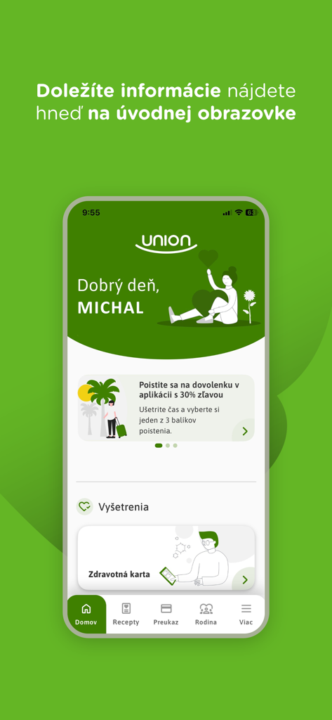 개인 맞춤 대시보드와 탐색 메뉴를 보여주는 Union zdravotna poistovna 모바일 건강 보험 앱 홈 화면