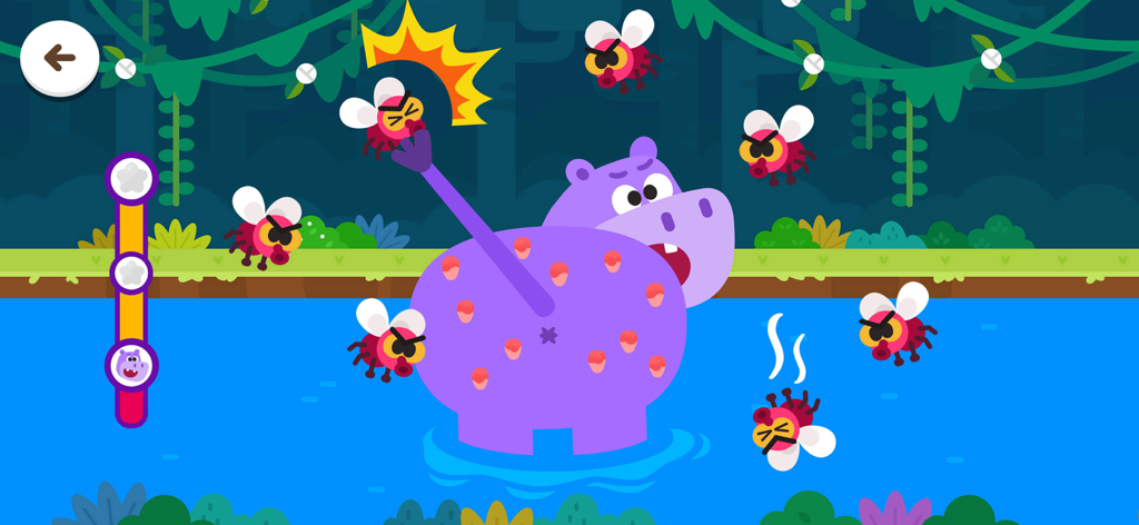Cocobi World 1 - A purple hippo in a river being swatted from flies in the Cocobi World 1 animal rescue game