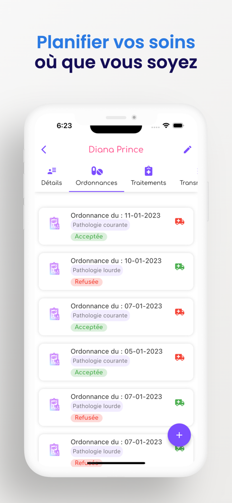 Alfred Care - Mobile interface of Alfred Care app showing a list of medical prescriptions for a patient named Diana Prince.