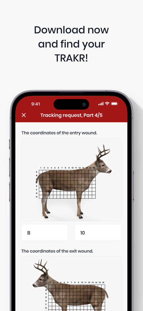 TRAKR app - Pantalla de la aplicación TRAKR que muestra un diagrama de anatomía de ciervo con una superposición de cuadrícula para especificar las coordenadas de la herida de entrada y salida para un rastreador profesional.