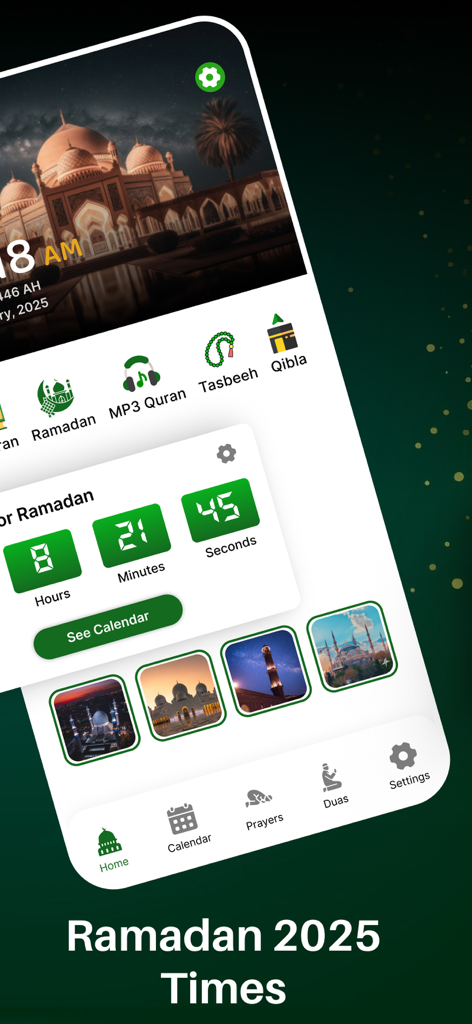 A mobile app interface showing a countdown for Ramadan with navigation icons for Quran, Tasbeeh, and Qibla.