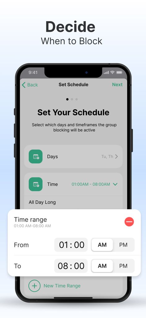 BlockSite app interface showing the schedule mode feature for setting daily time ranges to block distractions