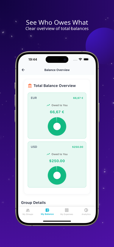 SplitUp – Split & Share Bills - SplitUp app interface showing a total balance overview of money owed in different currencies.
