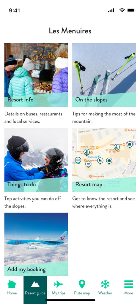 Crystal Ski Explorer - Crystal Ski Explorer mobile app interface showing the resort guide screen with sections for info slopes activities and maps