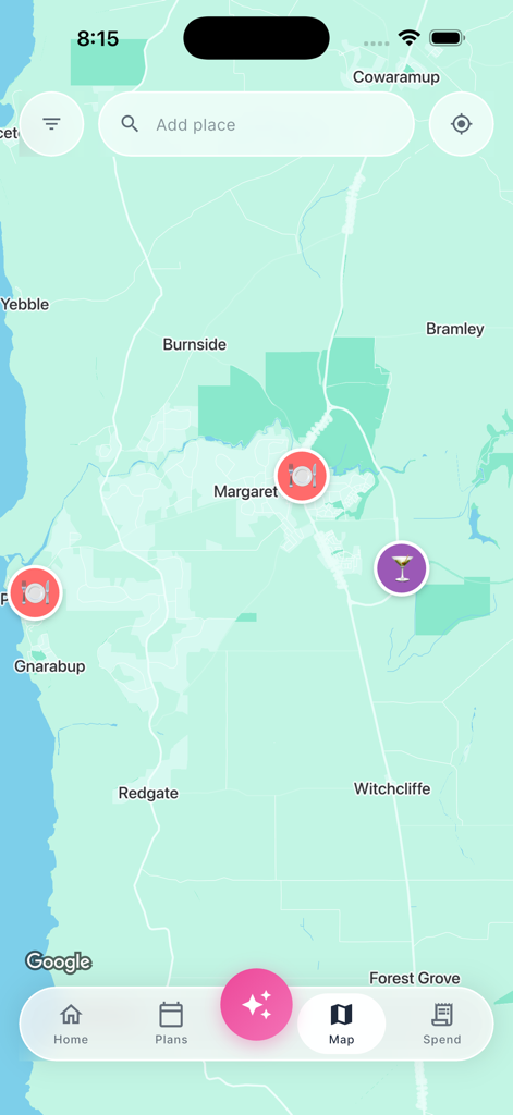 Oddysee - Oddysee app interactive map interface showing restaurant and bar locations for a travel itinerary