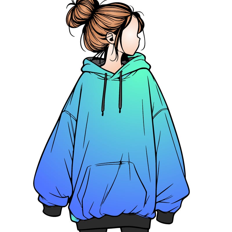 realistic girl with a oversized sweatshirt on and a bun