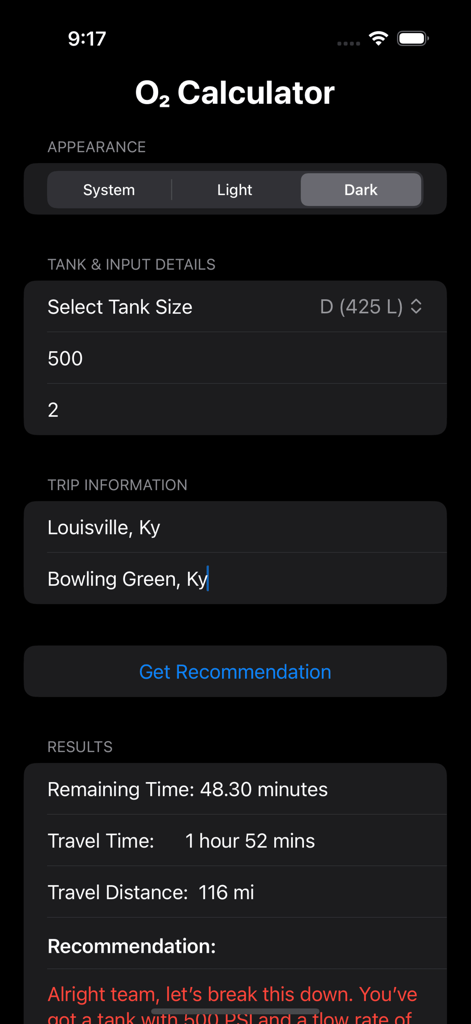 O2 Calculator Companion - Interface of the O2 Calculator Companion app showing oxygen tank duration and travel time in dark mode.