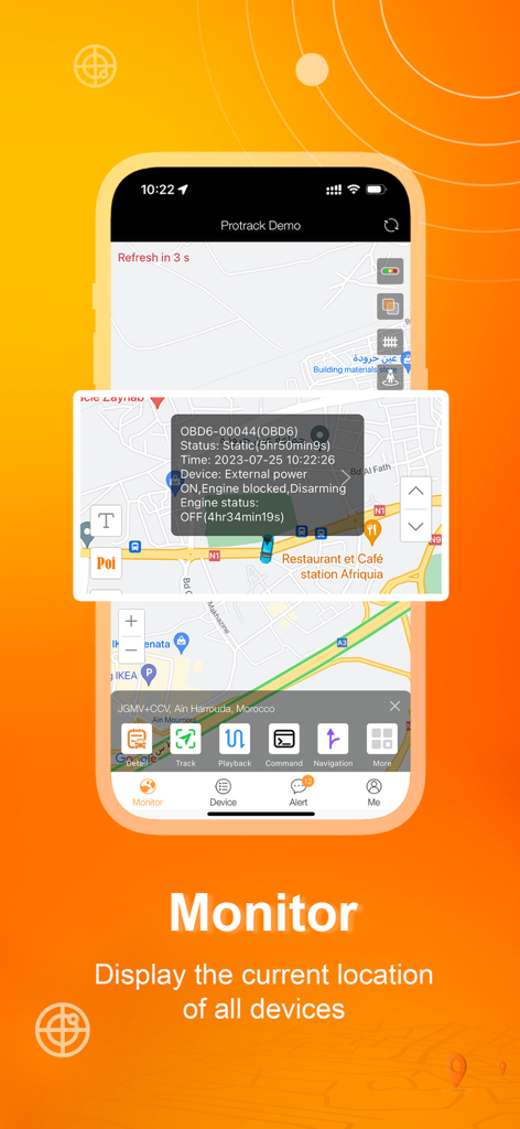 Protrack GPS - Protrack GPS App-Oberfläche, die den Echtzeit-Fahrzeugstandort und den Gerätestatus auf einer Karte anzeigt