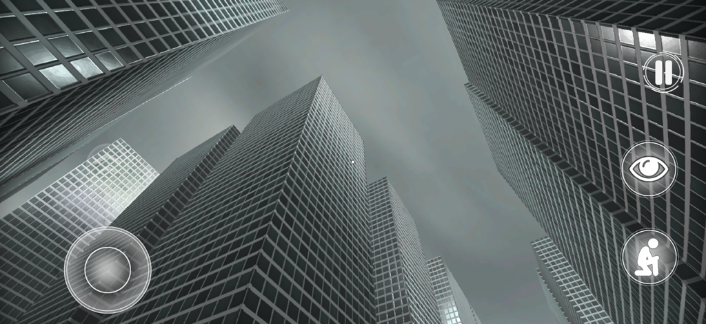 First person view of towering grey skyscrapers in Level 11 of the Backrooms mobile game