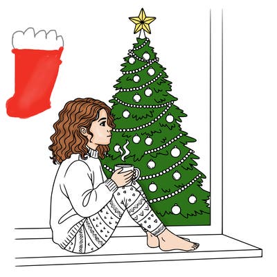a girl sitting in the window with a cofee and behind she is a chrismas tree