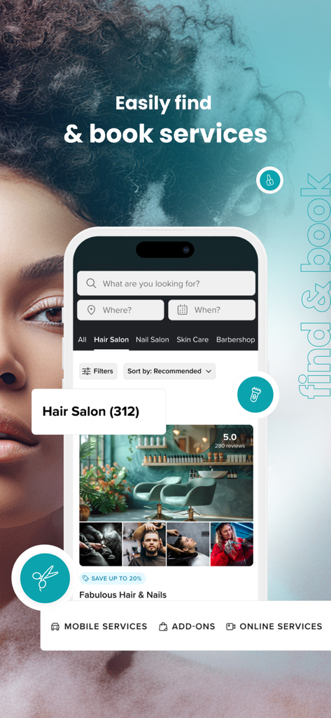 Booksy app interface showing search filters and salon listings with ratings for booking services