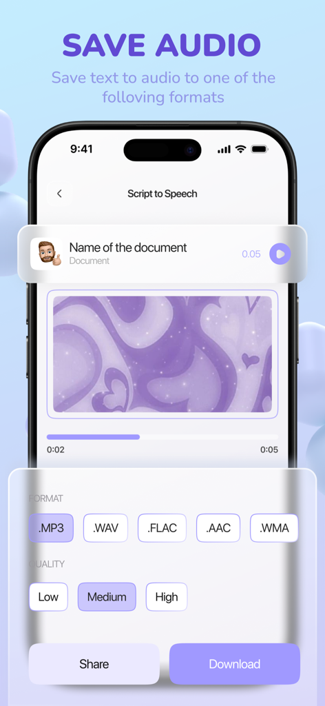 Interface showing audio export formats and quality settings for AI Text to Speech Reader