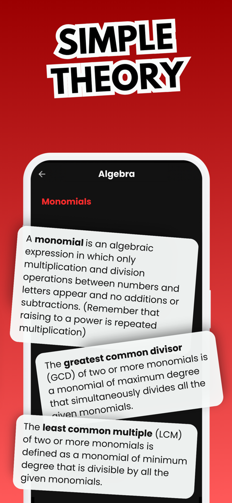 Math Master Arithmetic Algebra - Teoría de álgebra simplificada y definiciones de monomios en la aplicación Math Master