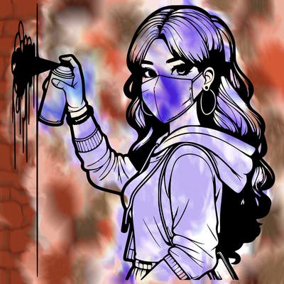 realistic girl with mask spray painting a wall