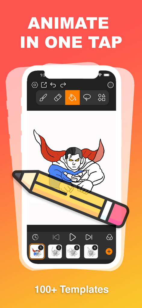 DrawToon - 2D Animation - 描画ツールとフレームごとのテンプレートを使用してスーパーヒーローアニメーションが作成されている様子を示すDrawToonのモバイルアプリインターフェイス。