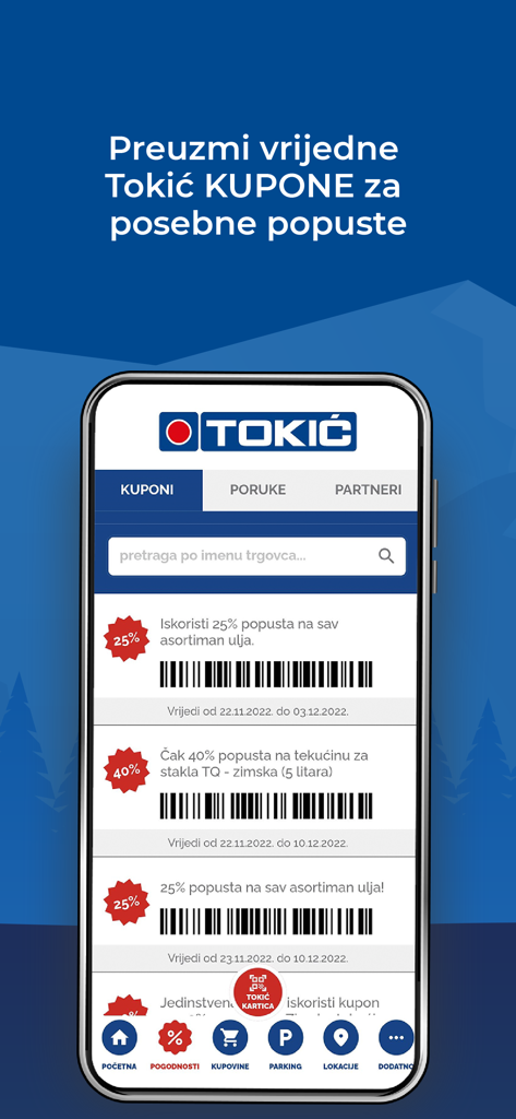 Tokić - Tokic app interface displaying digital coupons with barcodes for automotive discounts