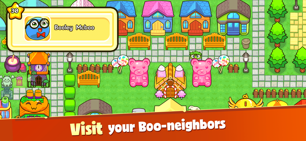 My Boo Town Pocket World Game - A colorful neighborhood in My Boo Town featuring candy themed decorations and houses
