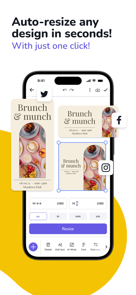 Interfaz de la aplicación móvil Desygner que muestra un diseño de promoción de brunch que se redimensiona automáticamente para Twitter, Facebook e Instagram con un solo clic.