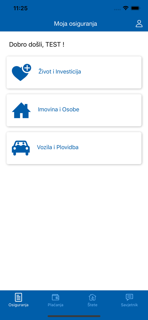 mojaUNIQA app dashboard displaying insurance categories for life property and vehicles