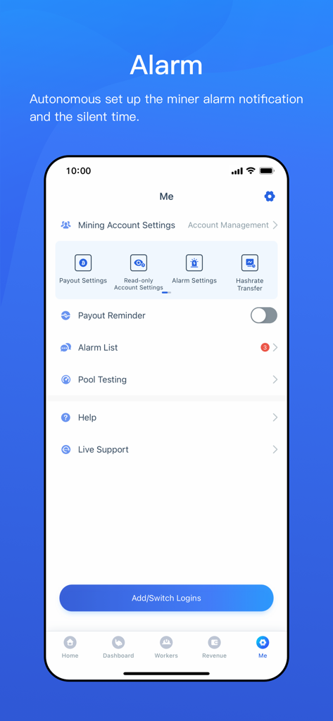 F2Pool - F2Pool mobile app alarm and account management settings screen
