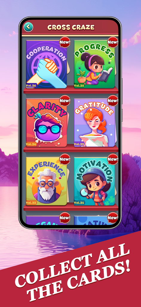 Word Craze - Trivia crosswords - Una pantalla de Word Craze que muestra una colección de coloridas tarjetas ilustradas con temas como Motivación y Gratitud