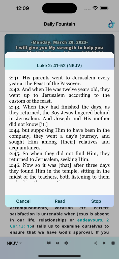 Una lettura di un passo biblico da Luca 2 nell'app Daily Fountain Devotional.