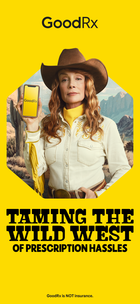 A woman in a cowboy hat holding a smartphone with the GoodRx app in a desert landscape with text about taming prescription hassles.