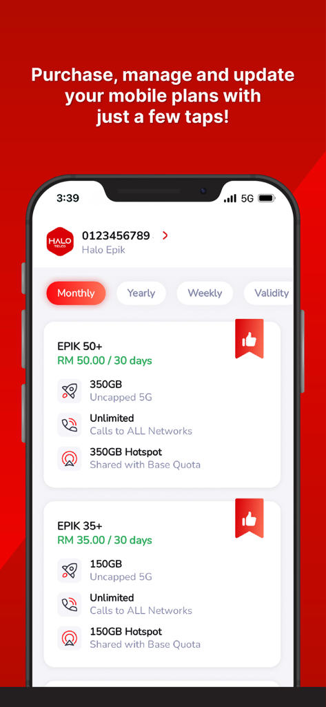 Oberfläche der Halo Telco App mit monatlichen mobilen Datentarifoptionen.