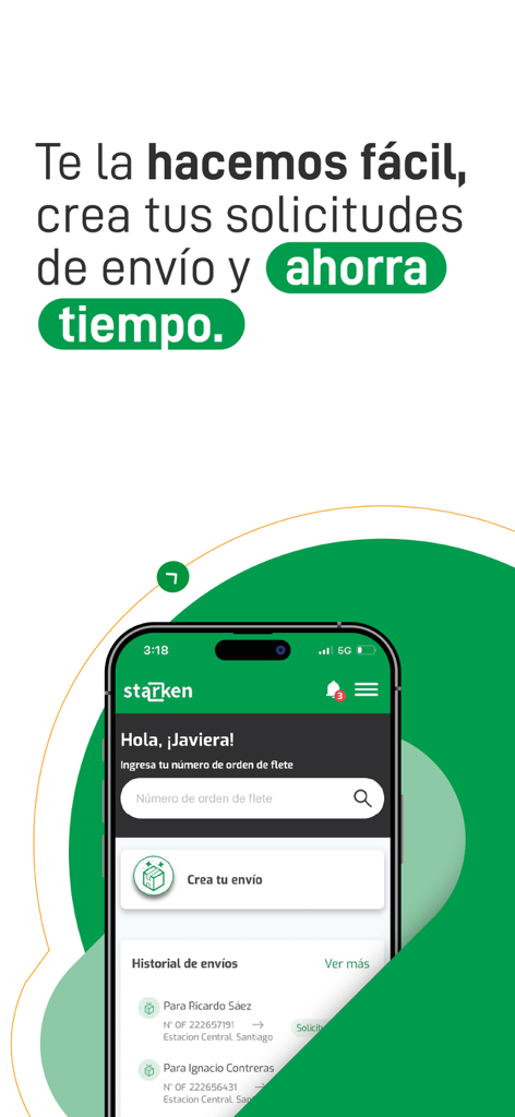 Starken - Interfaz de la aplicación móvil Starken que muestra la creación de envíos y el historial de seguimiento