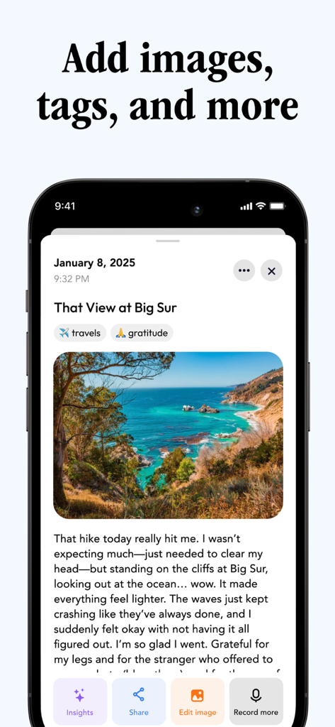 Glimpse - Voice Journal - A mobile screen showing a Glimpse journal entry with a coastal photo tags for travel and gratitude and transcribed text