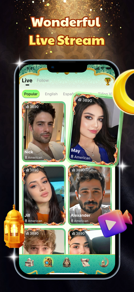 Écran de l'application mobile Soulsky affichant les utilisateurs populaires en streaming live