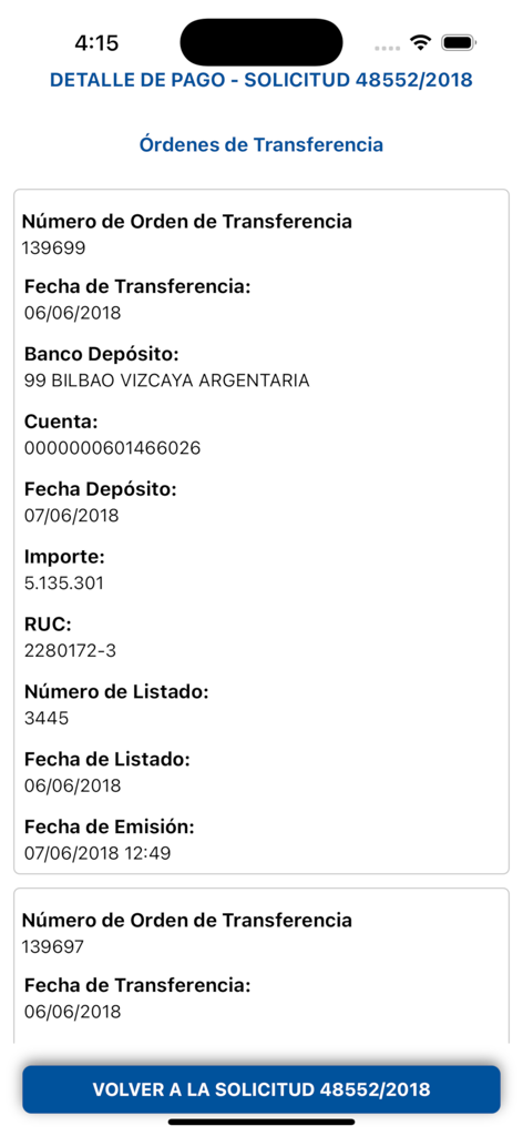 MEF Consultas - Vista detallada de una orden de transferencia de pago que muestra información bancaria y monto en la aplicación móvil MEF Consultas.