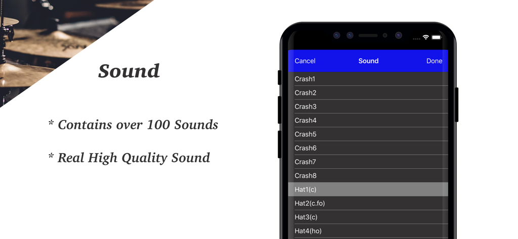 Interface der Drum Set App, das ein Auswahlmenü mit über 100 hochwertigen Drum-Sounds zeigt