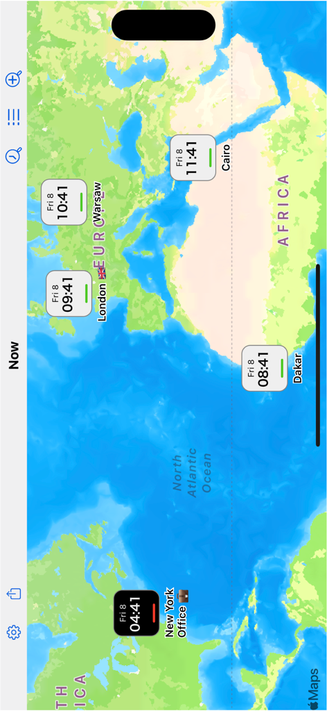 Time Intersect - World Time - World map view in Time Intersect app showing current times for London New York Warsaw Cairo and Dakar