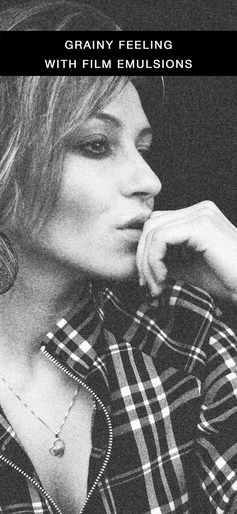 Black and white portrait of a woman with a grainy film emulsion effect