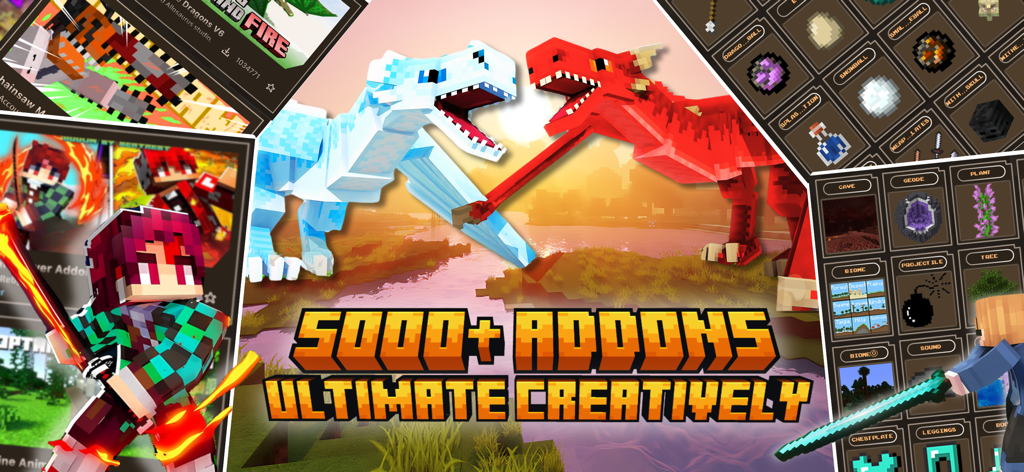 Addons Maker for Minecraft - Promotional image for Addons Maker for Minecraft showing 3D dragons anime characters and various custom game items
