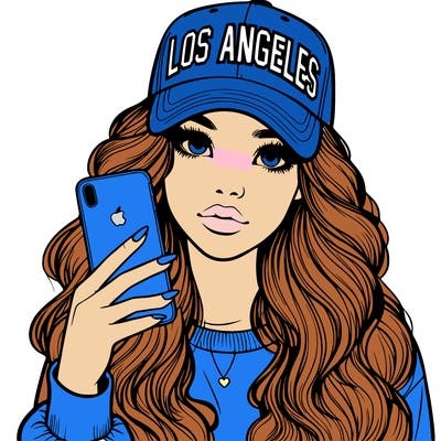 realistic beautiful girl wearing los ángeles cap holding an iphone
