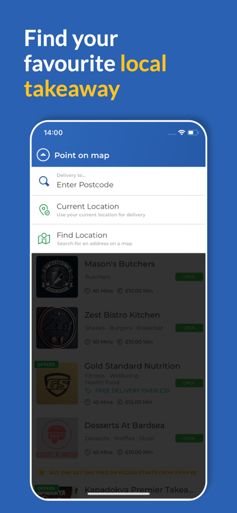 Barrow Eats mobile app interface for searching and finding local takeaway food delivery