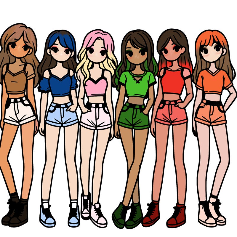 a group of girls wearing crop tops and shorts