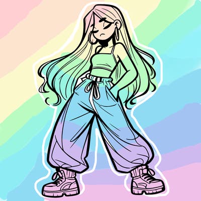 girl in baggy pants crop top and long hair