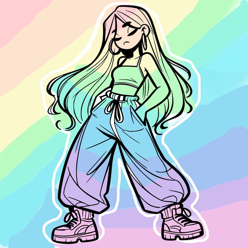 girl in baggy pants crop top and long hair
