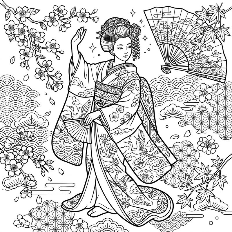 Discover the elegance of traditional Japanese culture with this captivating maiko dance coloring page. Perfect for those who appreciate intricate designs and the beauty of historical artistry.