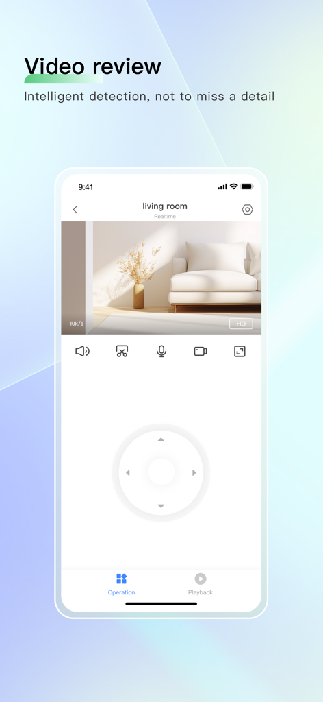Ziicam - Interfaz de la aplicación Ziicam que muestra una transmisión de cámara en vivo de una sala de estar con opciones de control remoto