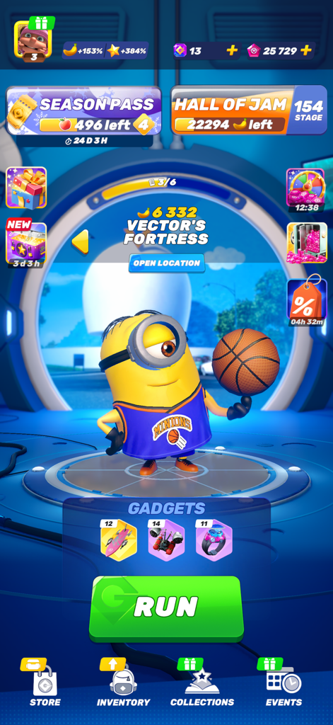 Menú principal de Minion Rush que muestra un Minion con un disfraz de baloncesto sosteniendo un balón de baloncesto frente a un botón de inicio verde.
